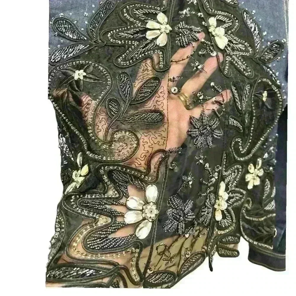 Denim Jacket Hand Embroidered and Beaded by Colleen Lopez. New No Tags - Picture 3 of 11